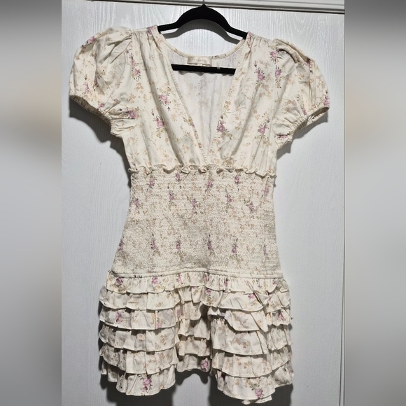 LoveShackFancy Radia Mini V-Neck Smocked Cream Floral Mini Dress Size M - Picture 3 of 9